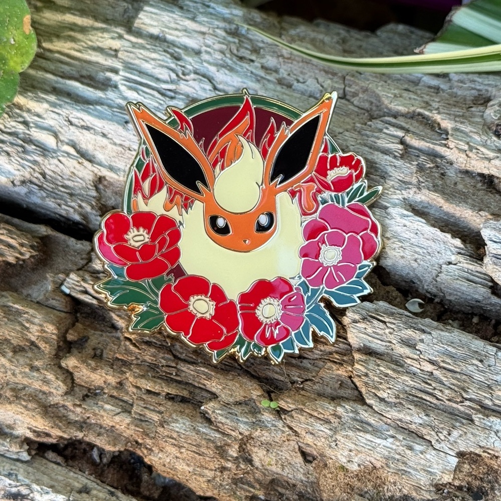Pokemon Flareon Eevee Evolutions Enamel Pin Brooch with Flowers Fire Flame